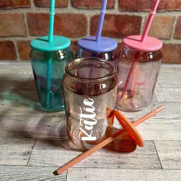 Personalized Iridescent Iced Coffee Cup, 20oz Glass Cup, Custom Beer Can Glass with Lid and Straw, Bridesmaid Gift, Bridesmaid Proposal