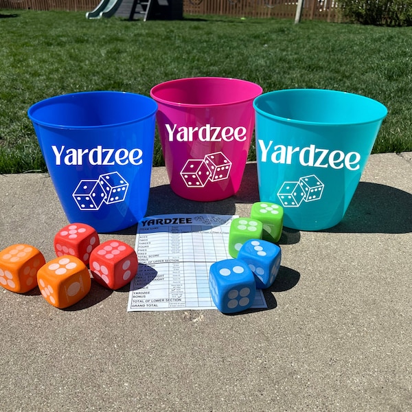 Giant Yard Dice Set - All Weather Yardzee, Farkle & 20+ Games Kit with Collapsible Bucket, Score Cards, Marker - Indoor/Outdoor Fun