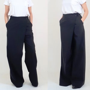 Wide Leg Trouser Women, Wrap Trouser Skirt, Hippie Black Loose Pants, Asymmetrical Overlay Palazzo Pants