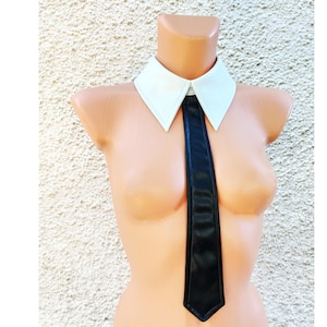 Vegan two-tone leather collar with tie, Detachable collar women's with necktie, Removable collar for women with cravat from faux leather