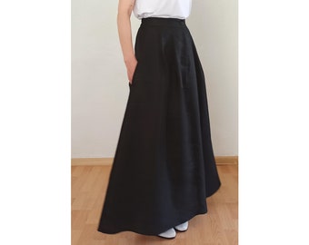 Long Linen Skirt, Black Wide Skirt, Loose Skirt