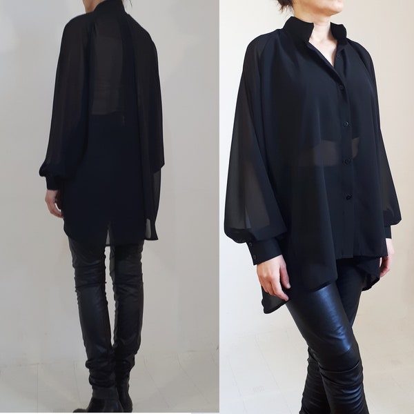 Elegant Chiffon Shirt, Black Loose Shirt, Maxi Top, Black Bouse