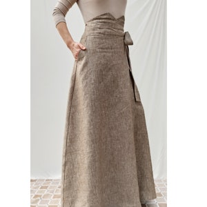 Long linen skirt, Linen wrap skirt with side pockets, Adjustable waist skirt