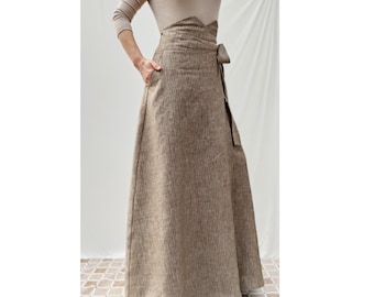 Long linen skirt, Linen wrap skirt with side pockets, Adjustable waist skirt