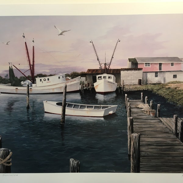 Phillips Seafood - Keeping Watch - Shrimp Boats - Clyde Phillips - Swansboro NC - Dock - Seagulls - Phil Shivar - Calm water - Fish house