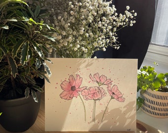 Pink Floral Cosmos Painting - 8x10" Original Artwork - watercolor