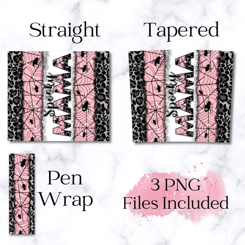 May include: Three digital designs for a pen wrap featuring a pink and black leopard print with a spider web and the words "Spooky Mama" in white.