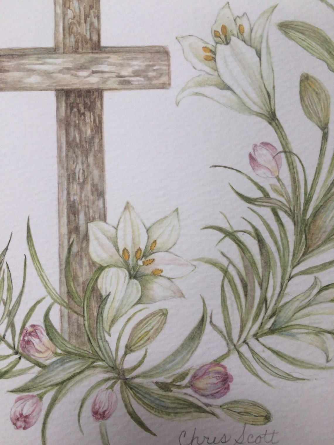 Watercolor Painting of Wooden Cross And Easter Lilies Etsy.de