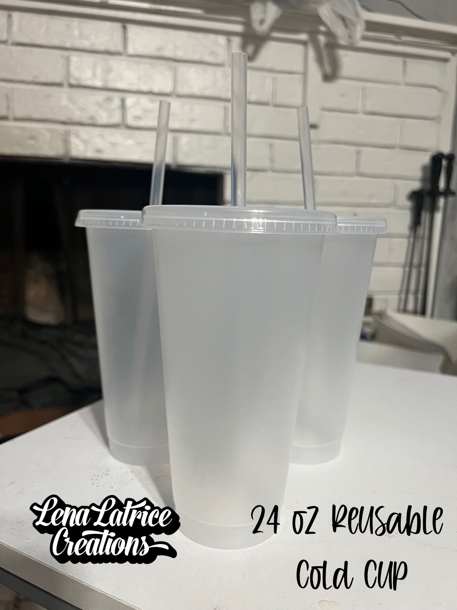 24oz Clear Double Wall Plastic Cup w/Lid and Blue Straw Friedrichs Logo -  Friedrichs Coffee