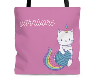 Yarnivore Reusable Tote Bag, Knitting Project Bag, Crochet Project Bag, Pink Unicorn Cat Yarn Storage, Cute Girly Bag