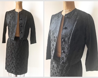 True vintage 1950’s Stanton Jrs. black jacquard silk suit | ladies jacket & skirt suit, Petite XS
