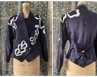 Vintage ‘80s ‘90s whimsical marching band inspired jacket | midnight blue satin, appliqués & silver lurex, dramatic, aesthetic, S