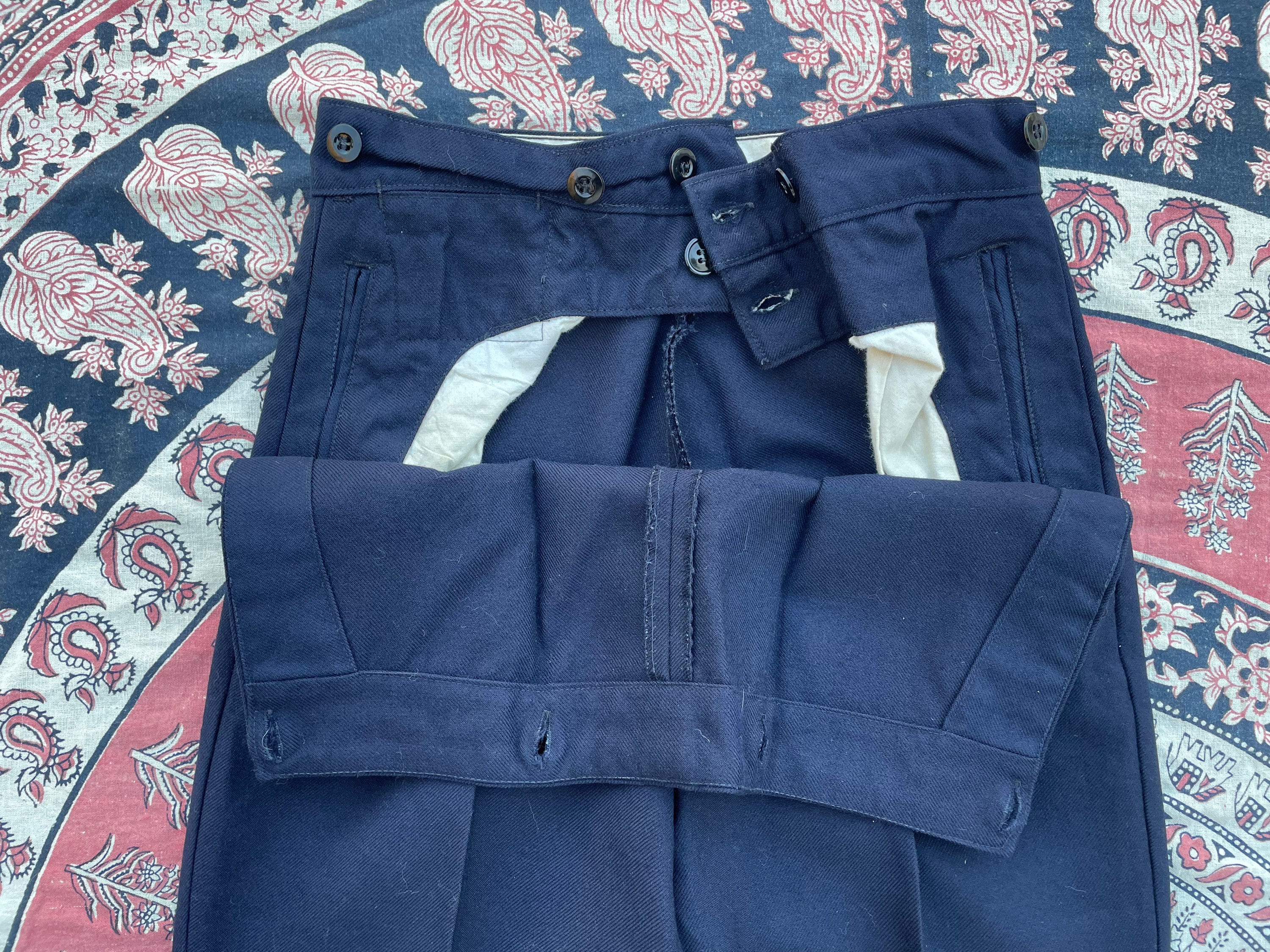 Vintage 70s Navy Blue Wool Sailor Pants, Button Bib Front, US Navy