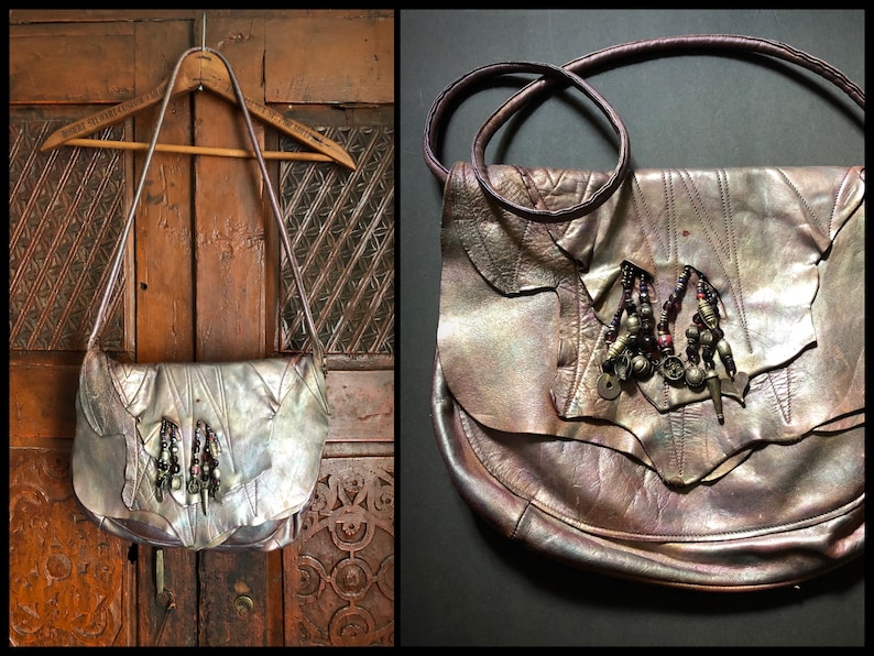 Vintage 1980s hand crafted artisan shoulder bag early 80s iridescent metallic leather purse with beaded tassels