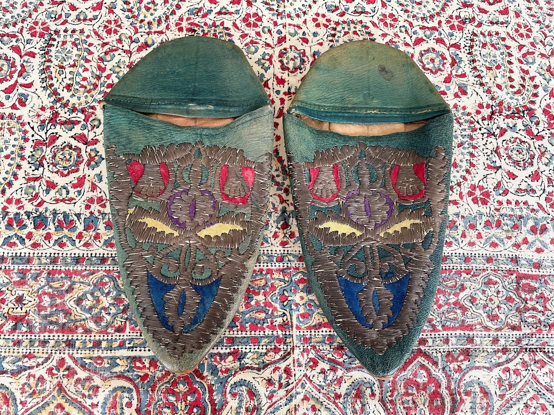 Buy Antique Vintage Moroccan or Turkish Babouche Slippers Genuine  Leather, Sea Green, Embroidered With Bronze Threads, Unisex Online in India 