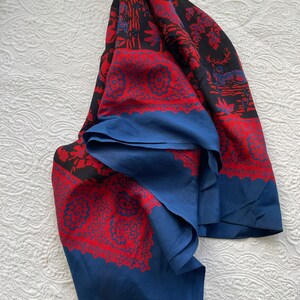 Gorgeous vintage Indian silk scarf, red & navy blue figural, lions, deer print scarf, extra large scarf image 2