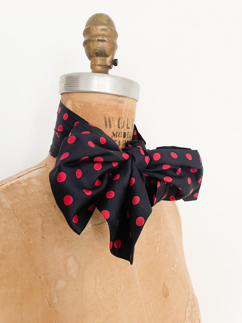 Vintage 80s all silk cravat, neck scarf navy blue & red polka dot, beautiful quality image 2