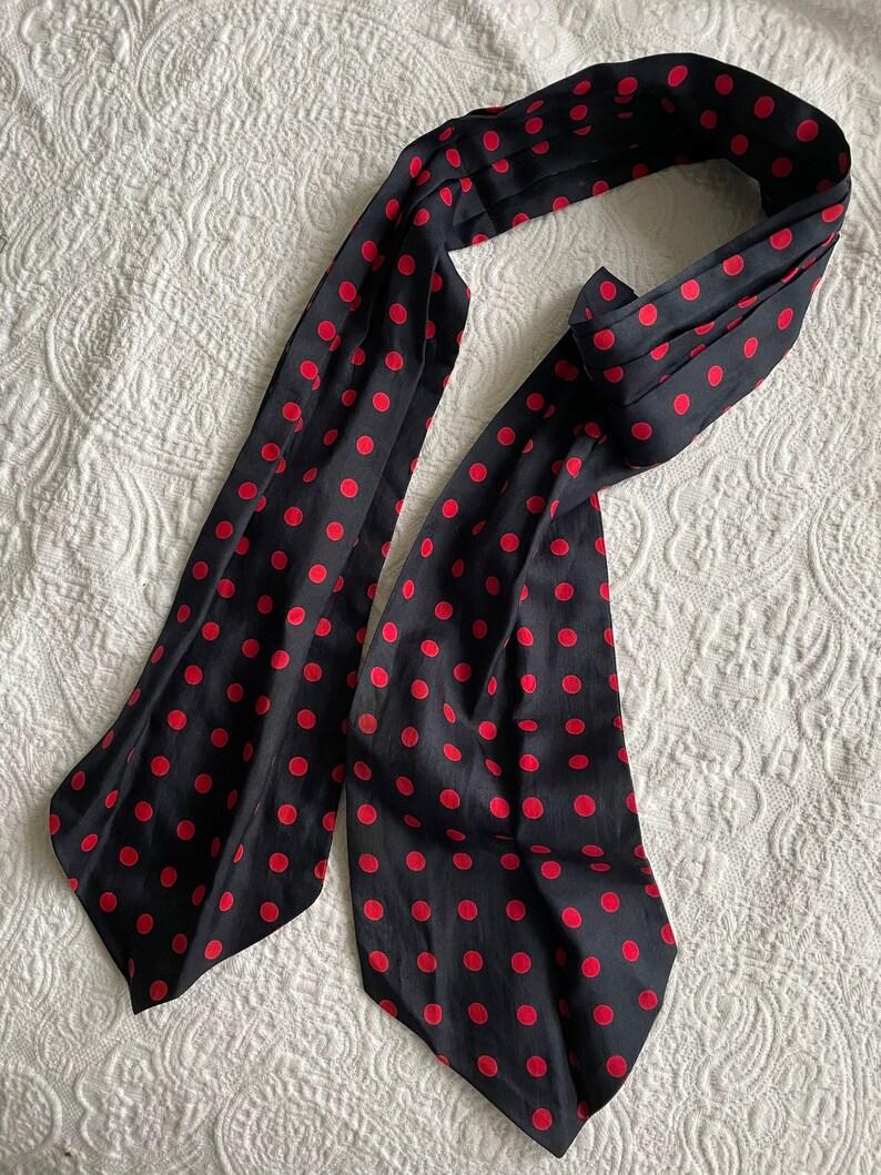 Vintage 80s all silk cravat, neck scarf navy blue & red polka dot, beautiful quality image 8