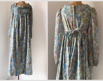 Vintage 1970’s Vicky Vaughn blue floral maxi dress | smocked bodice, empire waist gown, cottage core dress, XS