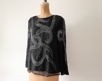 Carina beaded graphic snake top, vintage ‘80s ‘90s beaded blouse | 1980’s glam, black silk evening blouse, S/M