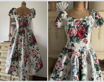 Vintage 80’s garden party dress | floral chintz semi formal prom dress, teal length, S/M