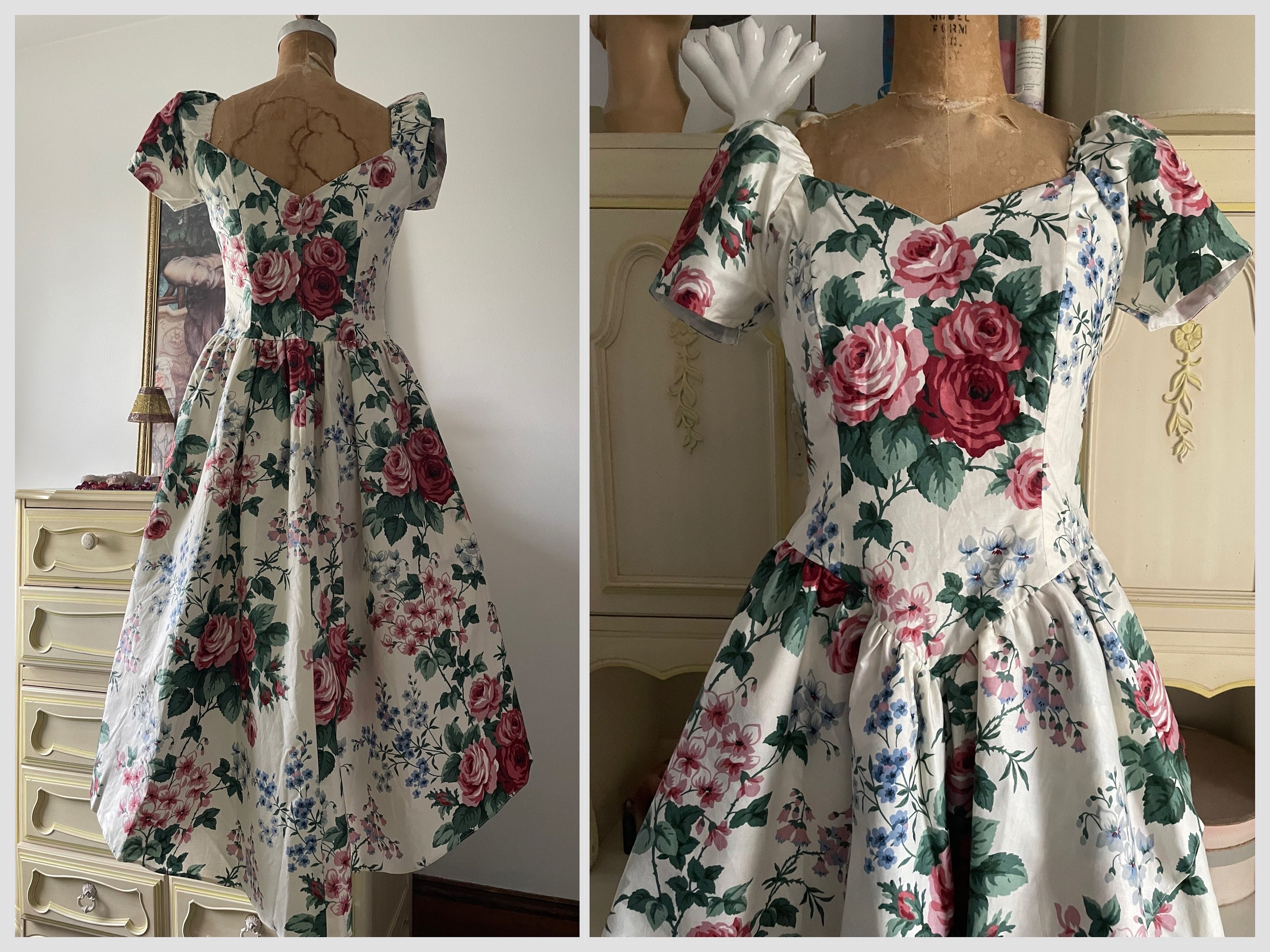 Vintage 80 s garden party dress floral chintz semi formal prom dress teal length S M