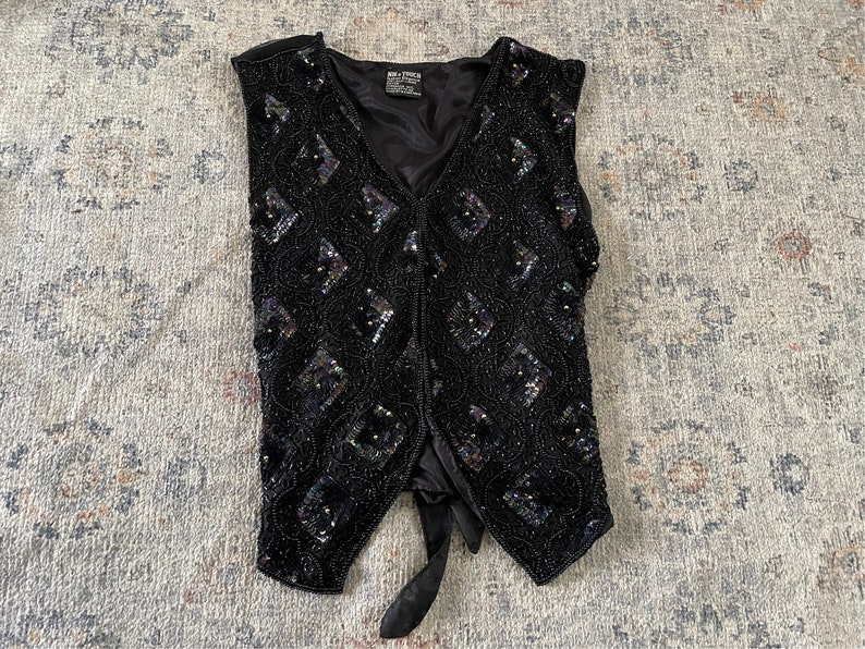 Vintage 80s 90s NIKs TOUCH black iridescent sequin vest with silk sheer back rayon & silk beaded vest, India, S/M image 3