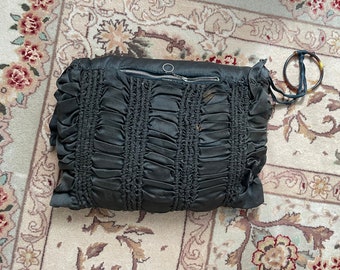 Antique Victorian muff - hand warmer / ruched & ruffled black silk, gothic aesthetic, Halloween costume