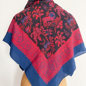 Gorgeous vintage Indian silk scarf, red & navy blue figural, lions, deer print scarf, extra large scarf image 5