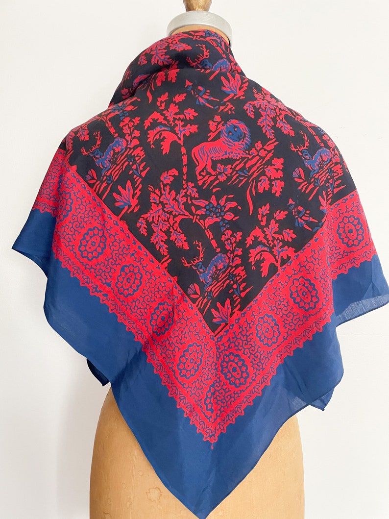 Gorgeous vintage Indian silk scarf, red & navy blue figural, lions, deer print scarf, extra large scarf image 5