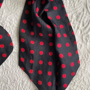 Vintage 80s all silk cravat, neck scarf navy blue & red polka dot, beautiful quality image 7