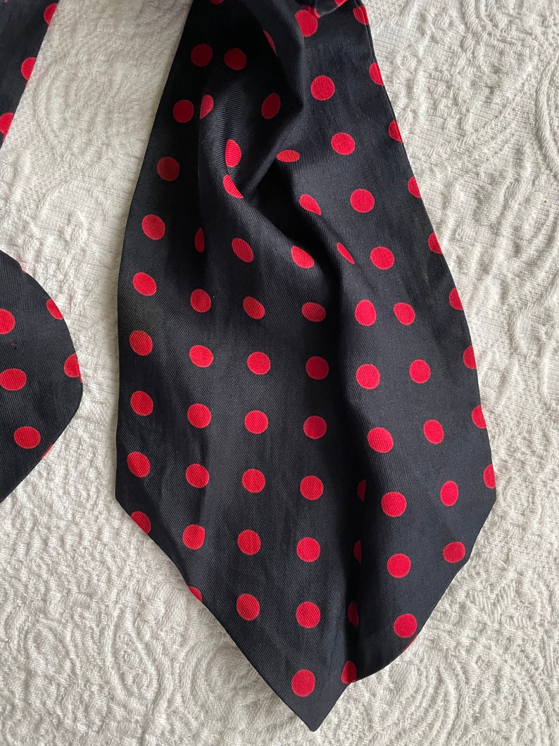 Vintage 80s all silk cravat, neck scarf navy blue & red polka dot, beautiful quality image 7