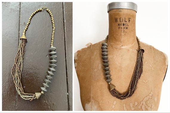 Handcrafted ‘70s brass & silver beaded necklace |… - image 1