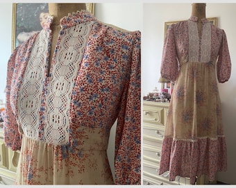 Vintage 1970’s floral print gauze dress, hippie boho cottage core, XS/S