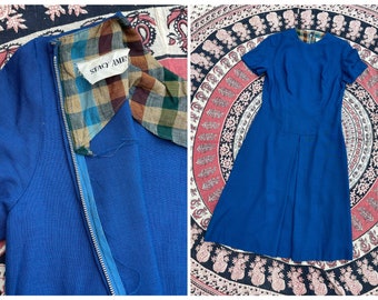 True vintage 1950s Stacy Ames bright blue dress | woven cotton or linen, short sleeve, M