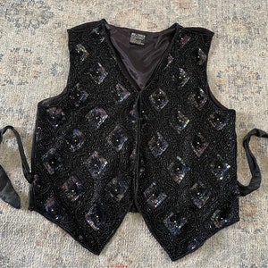 Vintage 80s 90s NIKs TOUCH black iridescent sequin vest with silk sheer back rayon & silk beaded vest, India, S/M image 2