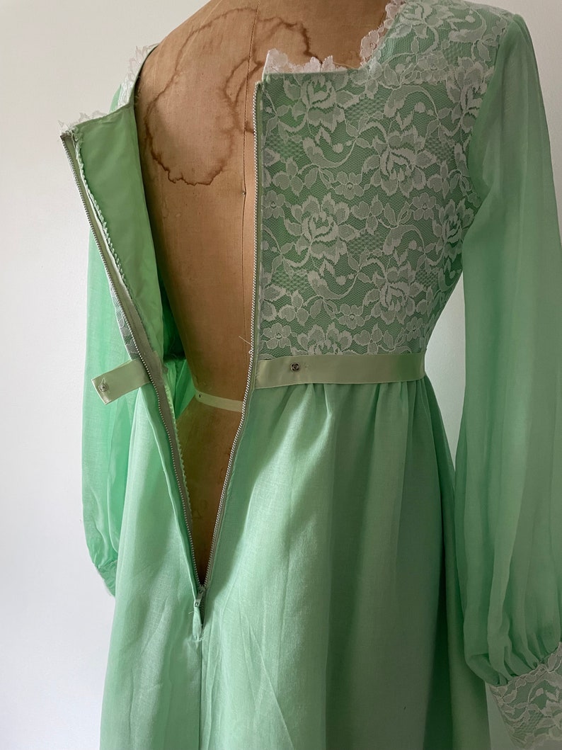 Vintage 1970s spearmint green maxi dress 70s prom dress, long sleeve gown, sheer organdy & lace, XS image 9