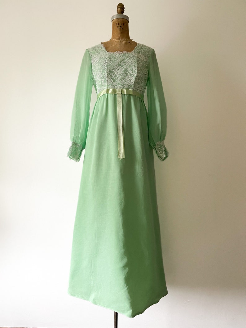 Vintage 1970s spearmint green maxi dress 70s prom dress, long sleeve gown, sheer organdy & lace, XS image 3