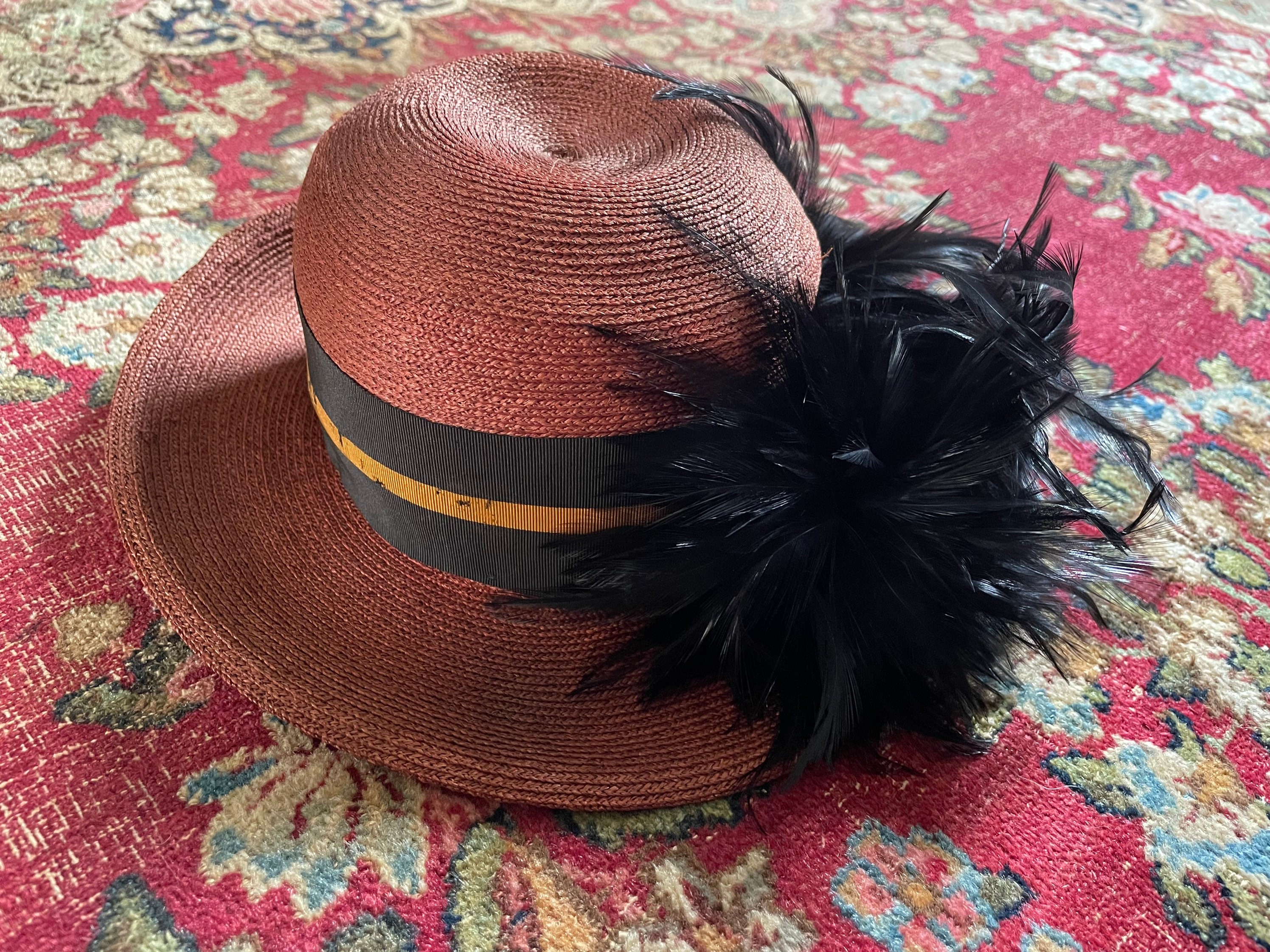 Celestelilou Edwardian Style Black Straw Hat Antique Black Straw Hat Wide Brim pre 1920s – Poppy main image 4