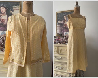 Vintage ‘70s handmade butter yellow polkadot sundress with matching jacket | lightweight cotton dress set, S