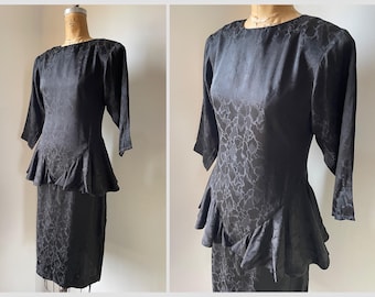 Vintage ‘80s ‘90s Cadaz black jacquard silk peplum dress | 100% silk dress, made in Hong Kong, 6