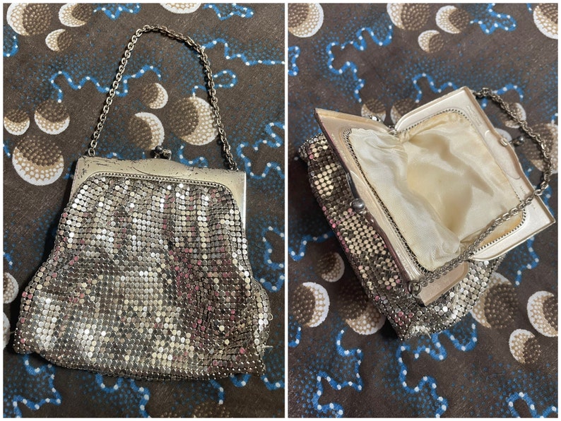 Vintage Whiting & Davis silver mesh bag metal frame with kiss lock, some scuffing, flapper costume, celestial vibes, Halloween, Deco image 1