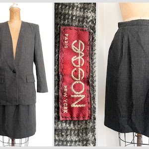 Vintage early 80s SASSON suit , 1980s secretary vibes, Academia aesthetic gray & black wool glen plaid skirt and blazer, S zdjęcie 1