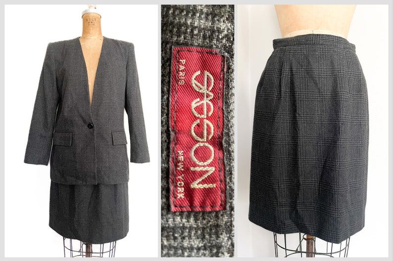 Vintage early 80s SASSON suit , 1980s secretary vibes, Academia aesthetic gray & black wool glen plaid skirt and blazer, S zdjęcie 1