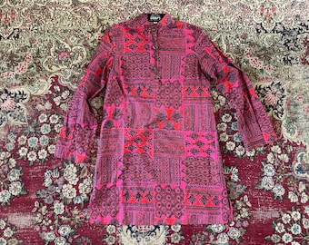 Vintage ‘70’s Gump’s San Francisco Indian hand block print tunic top, high end, bohemian dress,  XS/S