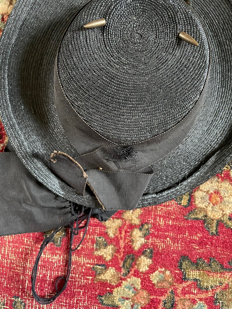 Antique early 20th century childrens hat, black woven straw hat with grosgrain ribbon Edwardian era girls hat, ladies tilt hat, topper image 5