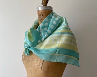 Vintage 1970’s silk scarf, sea green and pale lime, fantastic colorway | polka dot & stripes, hand rolled edges