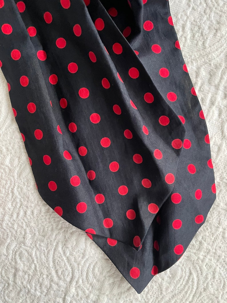 Vintage 80s all silk cravat, neck scarf navy blue & red polka dot, beautiful quality image 6