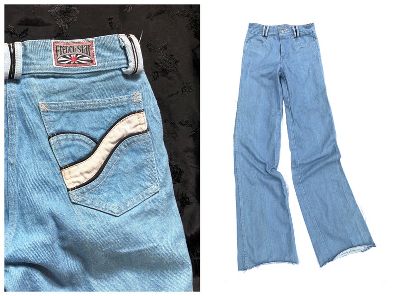 Vintage 1970s French Star bell bottom jeans Authentic 70s dead stock denim bell bottoms, high waist jeans, 26W x 36L image 1