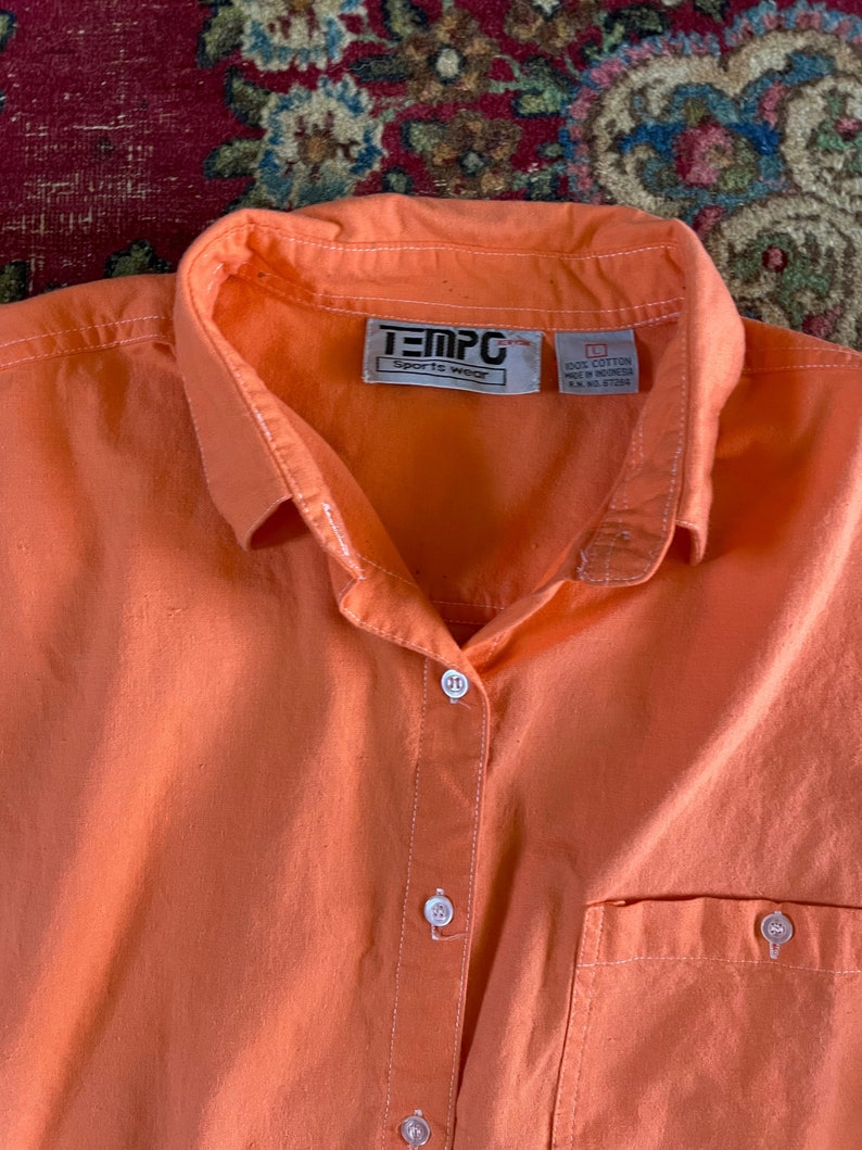 Vintage 80s neon orange button down shirt 90s aesthetic, all cotton shirt, boxy with longer back tail, Halloween image 4